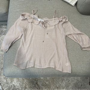 Gauzy beige FLIRTY OFF THE SHOULDER TOP WITH RUFFLE DRAWSTRING NECK